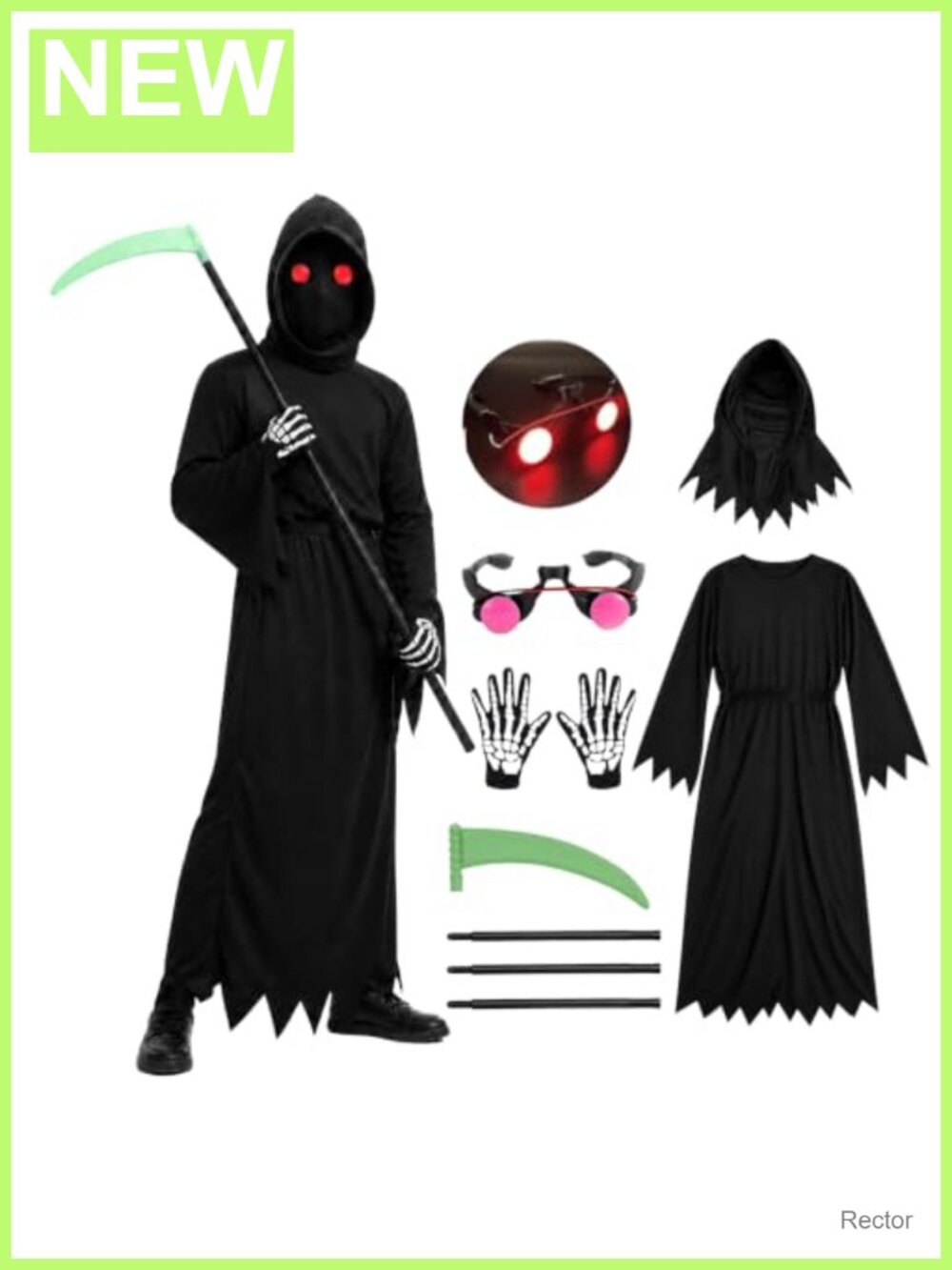Kids Grim Reaper Halloween Costume Set Glowing Eyes Scythe Gloves